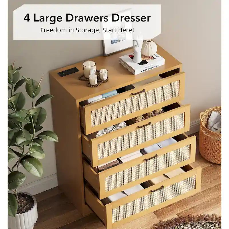 Commode de chambre en rotin à 4 tiroirs