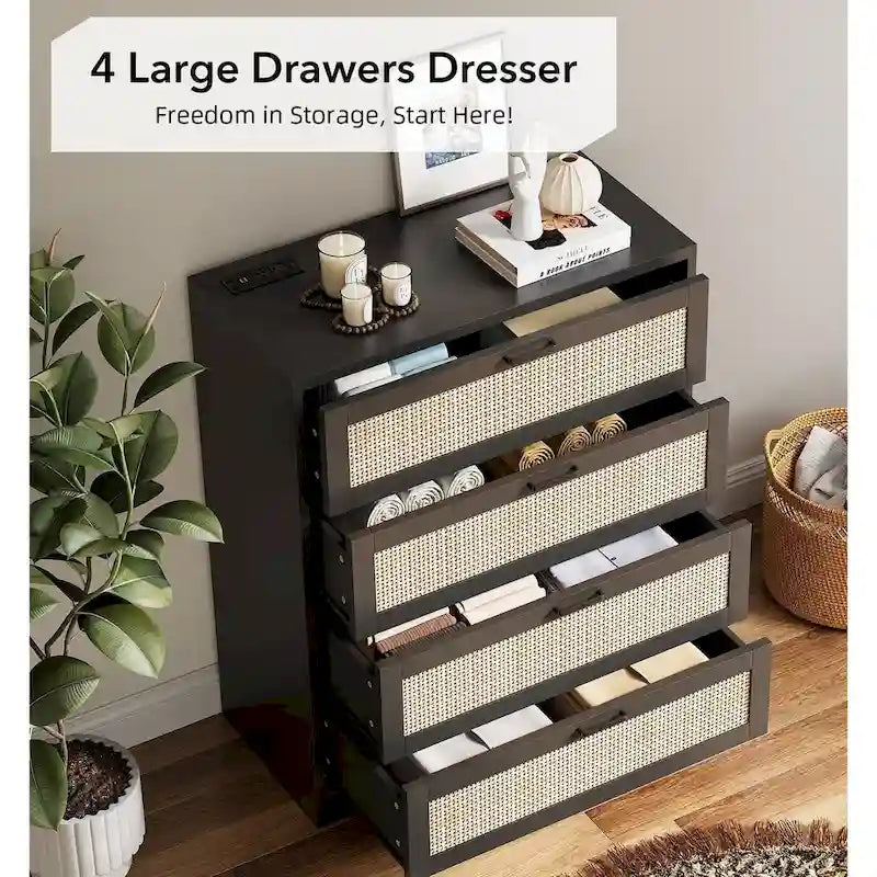 Commode de chambre en rotin à 4 tiroirs