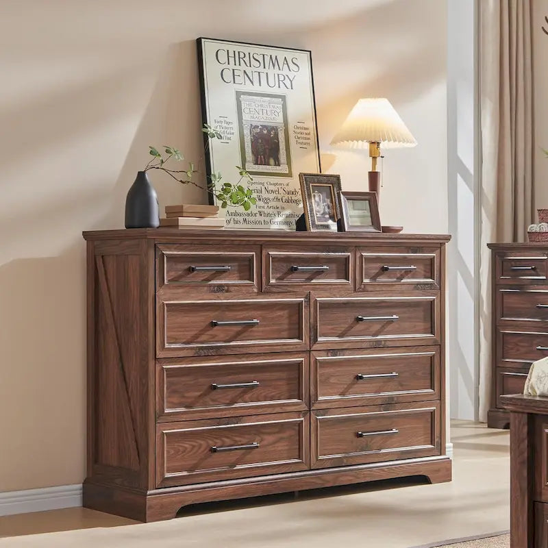 Commode de chambre 9 tiroirs en bois, style ferme