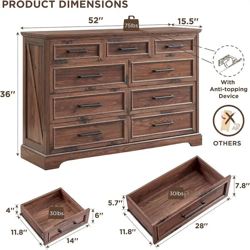 Commode de chambre 9 tiroirs en bois, style ferme