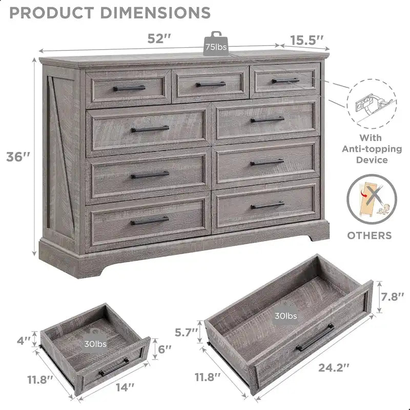 Commode de chambre 9 tiroirs en bois, style ferme