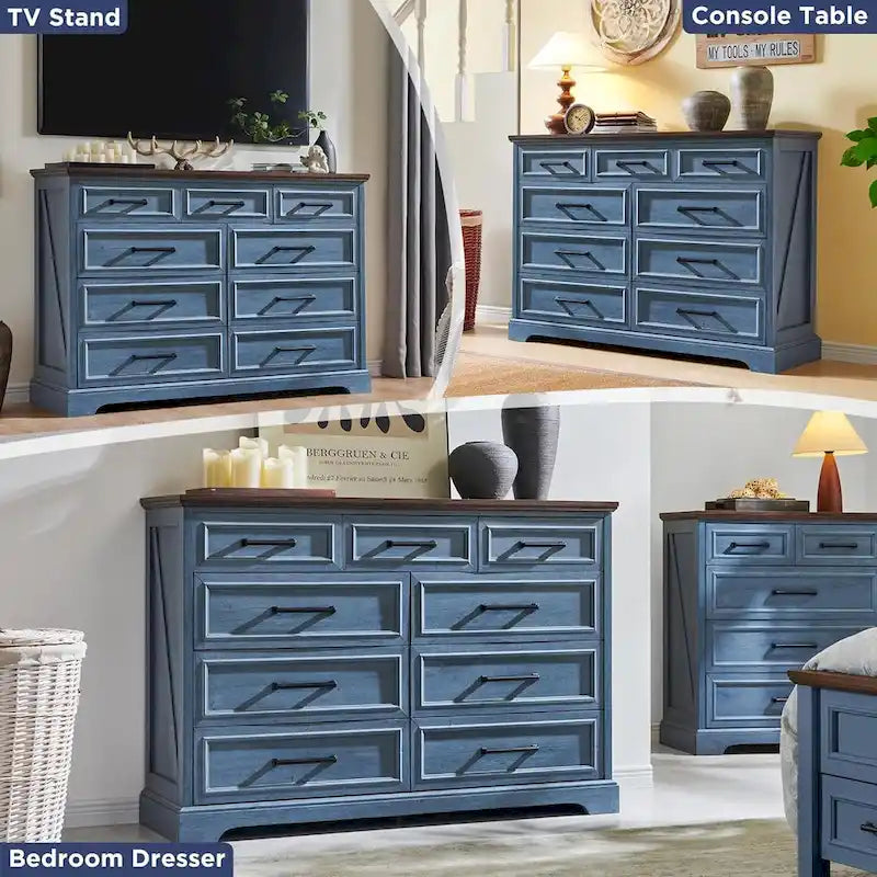 Commode de chambre 9 tiroirs en bois, style ferme