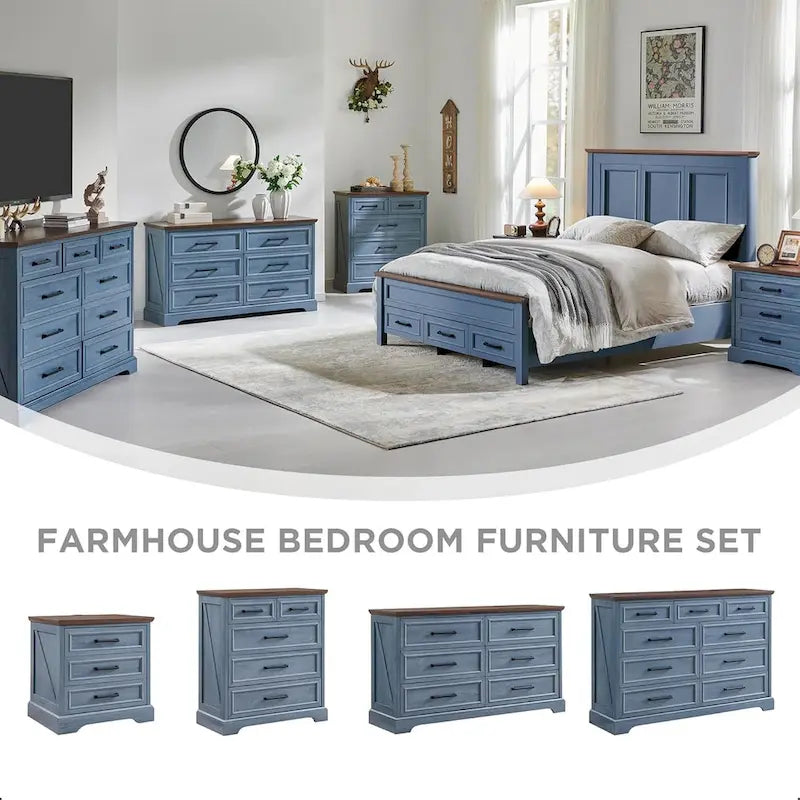 Commode de chambre 9 tiroirs en bois, style ferme