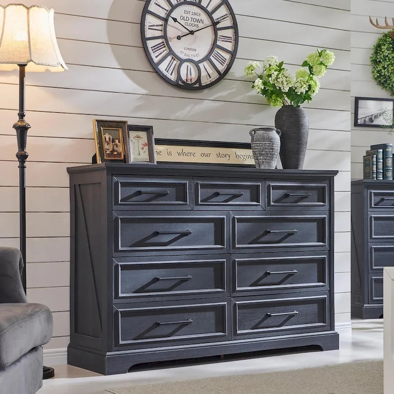 Commode de chambre 9 tiroirs en bois, style ferme