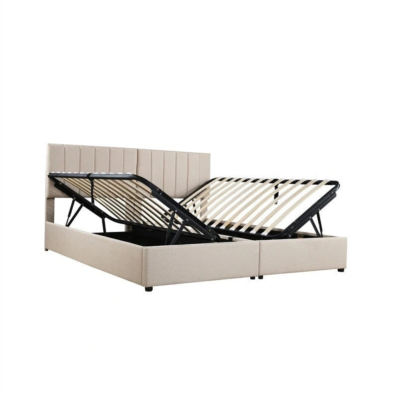 Cadre de lit plateforme rembourré double/très grand avec système de rangement hydraulique, lit de rangement relevable avec tête de lit et support à lattes