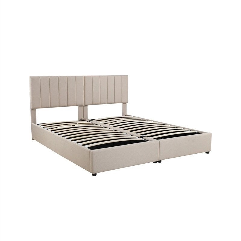 Cadre de lit plateforme rembourré double/très grand avec système de rangement hydraulique, lit de rangement relevable avec tête de lit et support à lattes