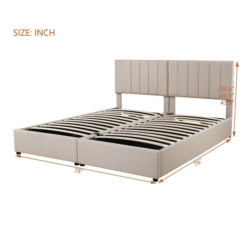 Cadre de lit plateforme rembourré double/très grand avec système de rangement hydraulique, lit de rangement relevable avec tête de lit et support à lattes
