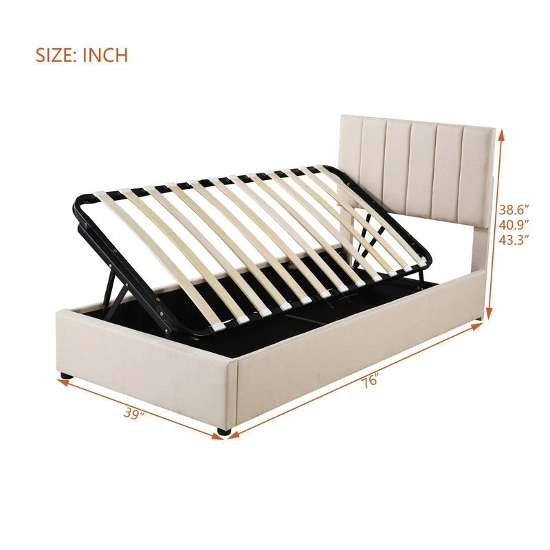 Cadre de lit plateforme rembourré double/très grand avec système de rangement hydraulique, lit de rangement relevable avec tête de lit et support à lattes