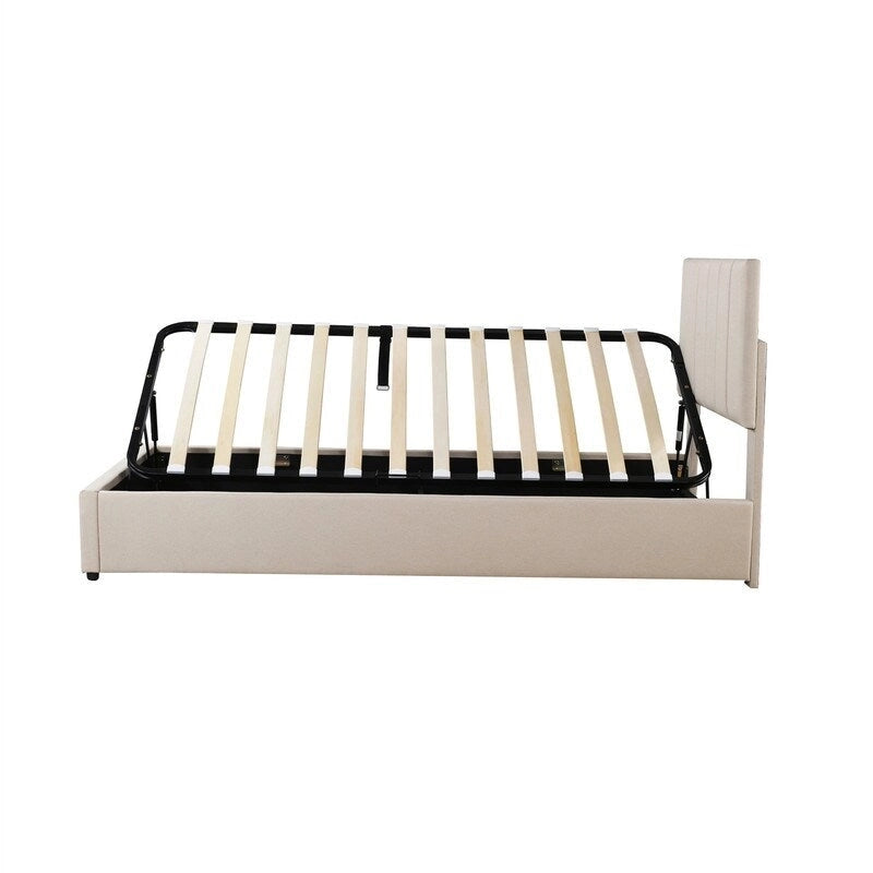 Cadre de lit plateforme rembourré double/très grand avec système de rangement hydraulique, lit de rangement relevable avec tête de lit et support à lattes