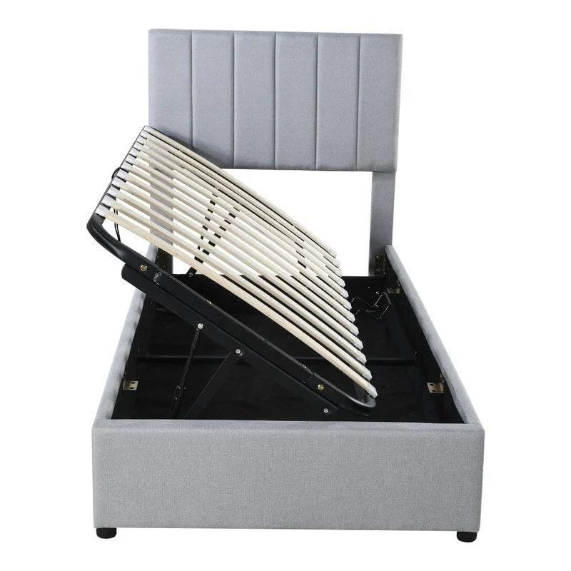 Cadre de lit plateforme rembourré double/très grand avec système de rangement hydraulique, lit de rangement relevable avec tête de lit et support à lattes