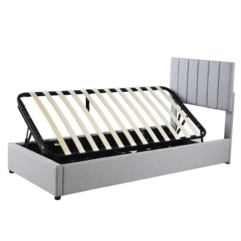 Cadre de lit plateforme rembourré double/très grand avec système de rangement hydraulique, lit de rangement relevable avec tête de lit et support à lattes