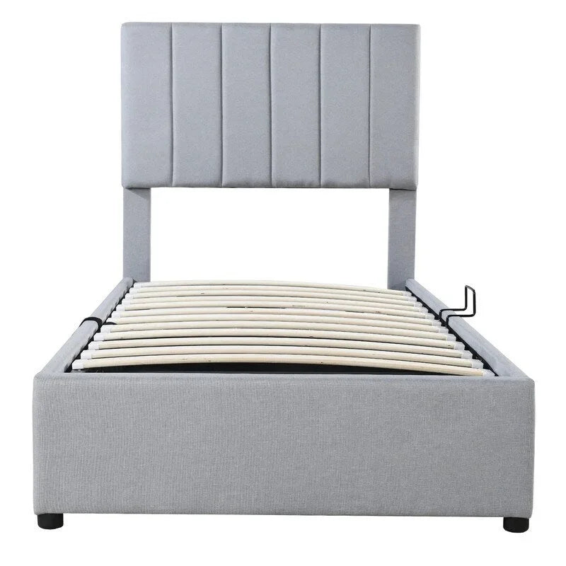 Cadre de lit plateforme rembourré double/très grand avec système de rangement hydraulique, lit de rangement relevable avec tête de lit et support à lattes