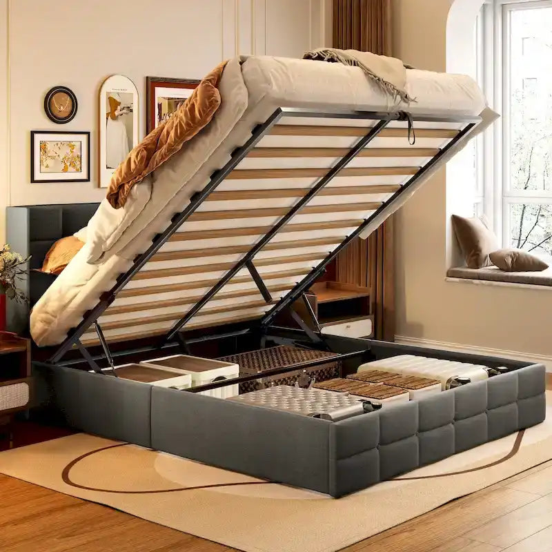 Lit de rangement relevable Grand lit/Très grand lit avec rangement, cadre de lit plateforme rembourré avec tête de lit capitonnée moderne
