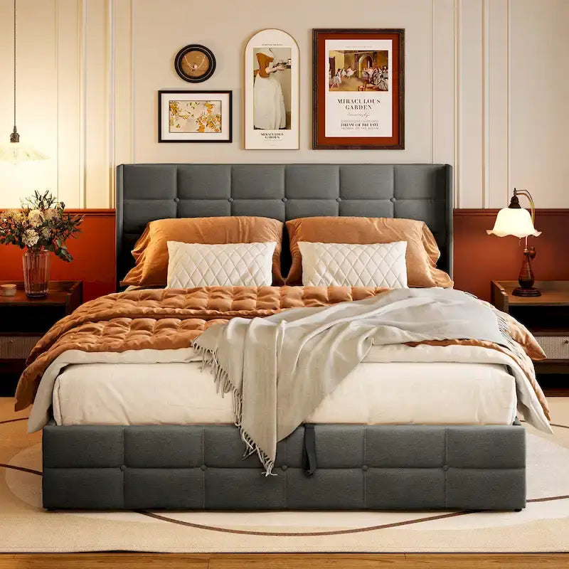 Lit de rangement relevable Grand lit/Très grand lit avec rangement, cadre de lit plateforme rembourré avec tête de lit capitonnée moderne