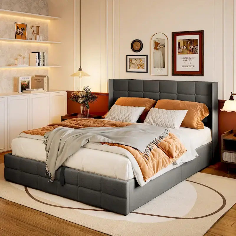 Lit de rangement relevable Grand lit/Très grand lit avec rangement, cadre de lit plateforme rembourré avec tête de lit capitonnée moderne