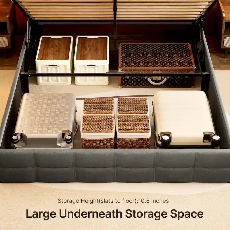 Lit de rangement relevable Grand lit/Très grand lit avec rangement, cadre de lit plateforme rembourré avec tête de lit capitonnée moderne