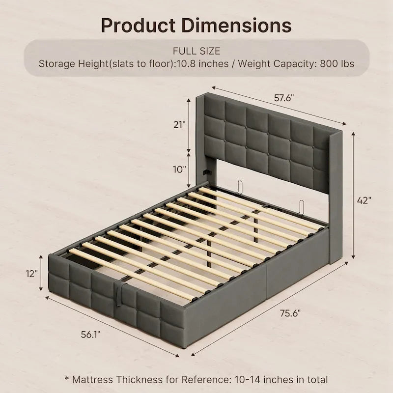 Lit de rangement relevable Grand lit/Très grand lit avec rangement, cadre de lit plateforme rembourré avec tête de lit capitonnée moderne