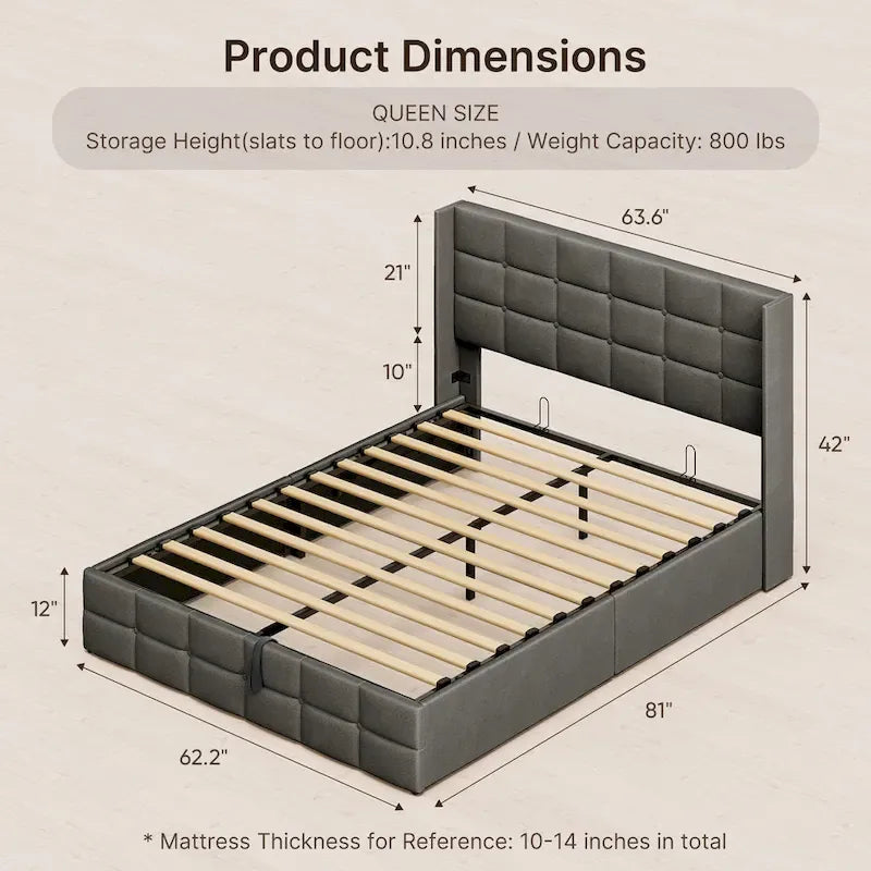 Lit de rangement relevable Grand lit/Très grand lit avec rangement, cadre de lit plateforme rembourré avec tête de lit capitonnée moderne