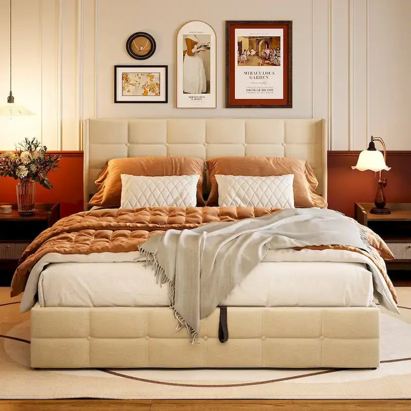 Lit de rangement relevable Grand lit/Très grand lit avec rangement, cadre de lit plateforme rembourré avec tête de lit capitonnée moderne