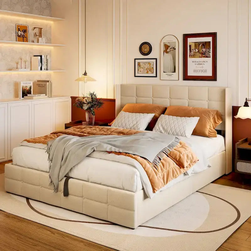Lit de rangement relevable Grand lit/Très grand lit avec rangement, cadre de lit plateforme rembourré avec tête de lit capitonnée moderne