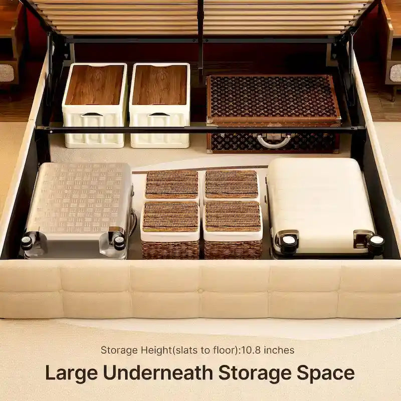 Lit de rangement relevable Grand lit/Très grand lit avec rangement, cadre de lit plateforme rembourré avec tête de lit capitonnée moderne