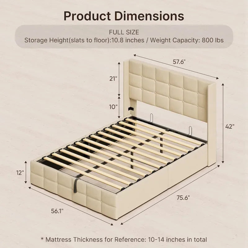 Lit de rangement relevable Grand lit/Très grand lit avec rangement, cadre de lit plateforme rembourré avec tête de lit capitonnée moderne