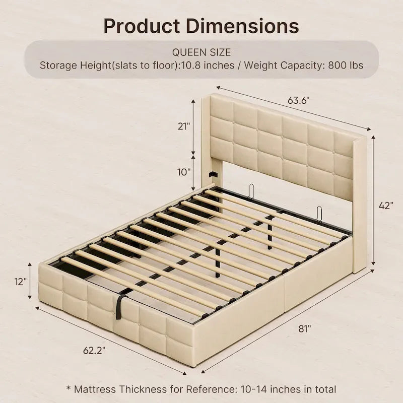 Lit de rangement relevable Grand lit/Très grand lit avec rangement, cadre de lit plateforme rembourré avec tête de lit capitonnée moderne