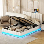 Cadre de lit plateforme relevable avec rangement, lit bas rembourré en cuir PU avec lumières LED télécommandées, prises et ports USB