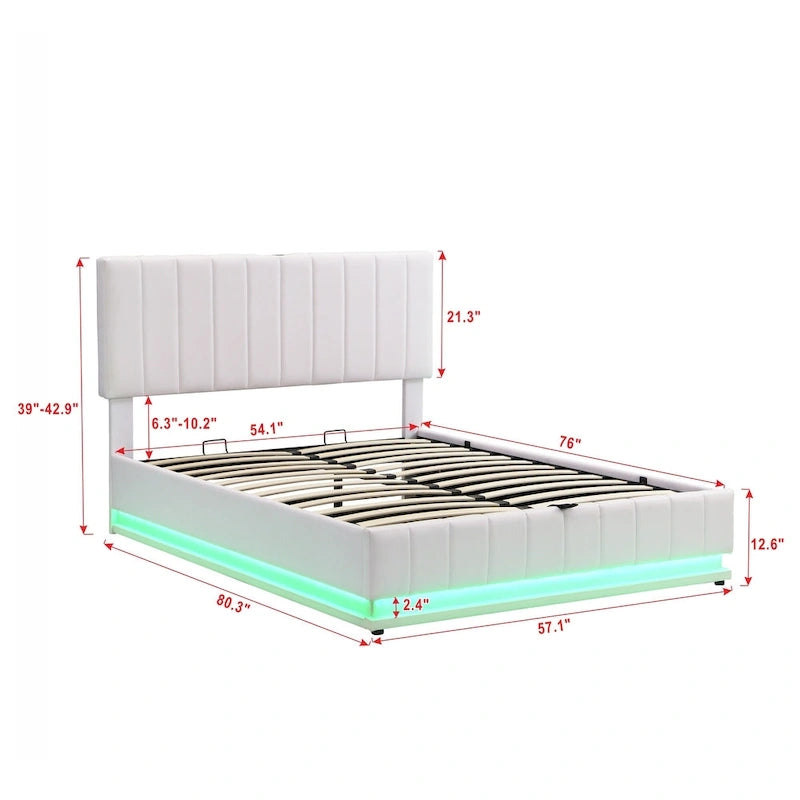 Cadre de lit plateforme relevable avec rangement, lit bas rembourré en cuir PU avec lumières LED télécommandées, prises et ports USB