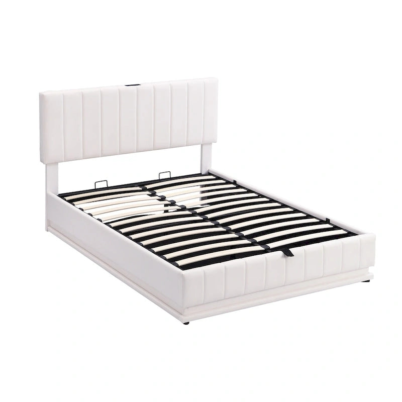 Cadre de lit plateforme relevable avec rangement, lit bas rembourré en cuir PU avec lumières LED télécommandées, prises et ports USB
