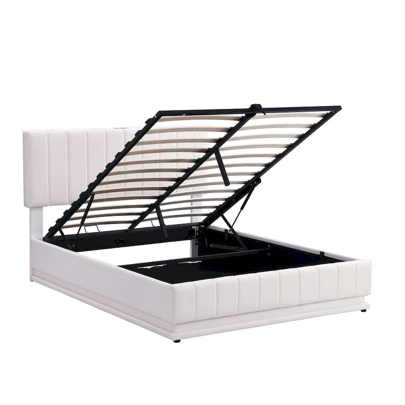 Cadre de lit plateforme relevable avec rangement, lit bas rembourré en cuir PU avec lumières LED télécommandées, prises et ports USB