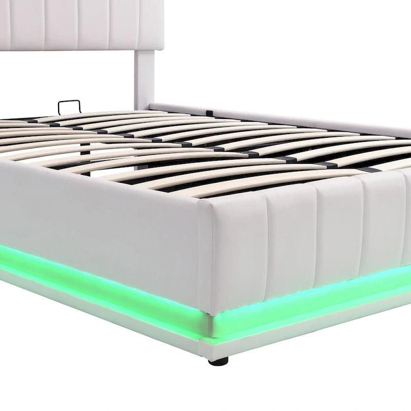Cadre de lit plateforme relevable avec rangement, lit bas rembourré en cuir PU avec lumières LED télécommandées, prises et ports USB