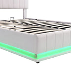 Cadre de lit plateforme relevable avec rangement, lit bas rembourré en cuir PU avec lumières LED télécommandées, prises et ports USB