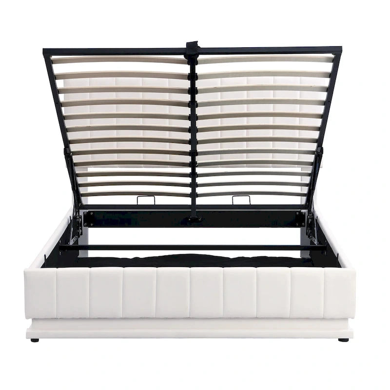 Cadre de lit plateforme relevable avec rangement, lit bas rembourré en cuir PU avec lumières LED télécommandées, prises et ports USB