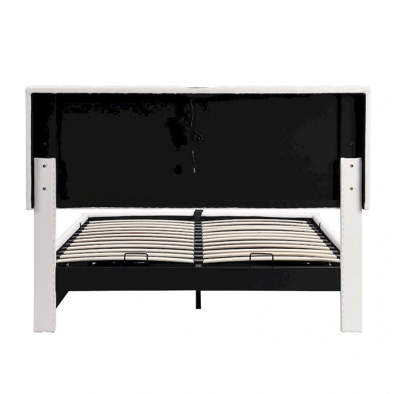 Cadre de lit plateforme relevable avec rangement, lit bas rembourré en cuir PU avec lumières LED télécommandées, prises et ports USB