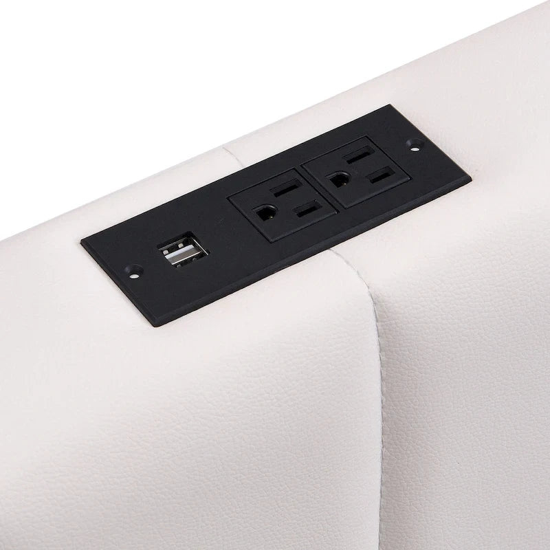 Cadre de lit plateforme relevable avec rangement, lit bas rembourré en cuir PU avec lumières LED télécommandées, prises et ports USB