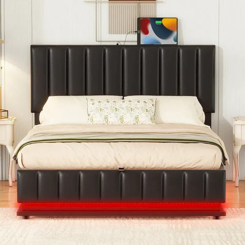 Cadre de lit plateforme relevable avec rangement, lit bas rembourré en cuir PU avec lumières LED télécommandées, prises et ports USB