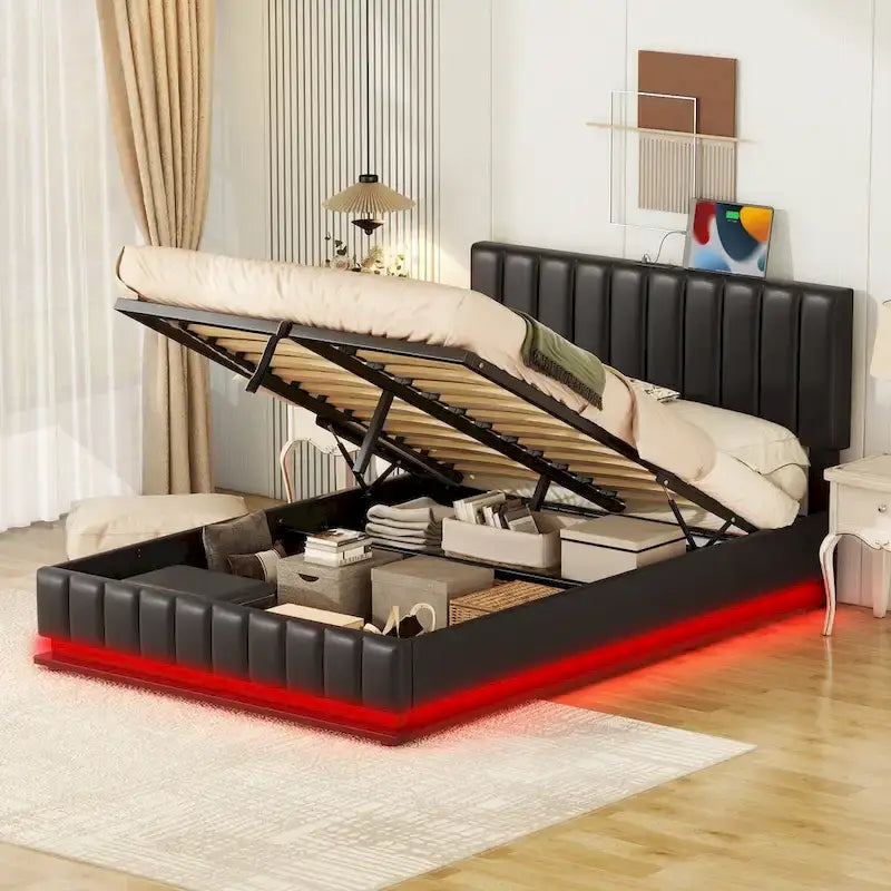 Cadre de lit plateforme relevable avec rangement, lit bas rembourré en cuir PU avec lumières LED télécommandées, prises et ports USB
