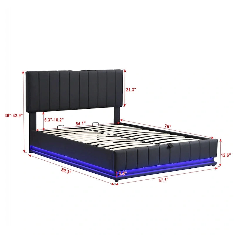 Cadre de lit plateforme relevable avec rangement, lit bas rembourré en cuir PU avec lumières LED télécommandées, prises et ports USB