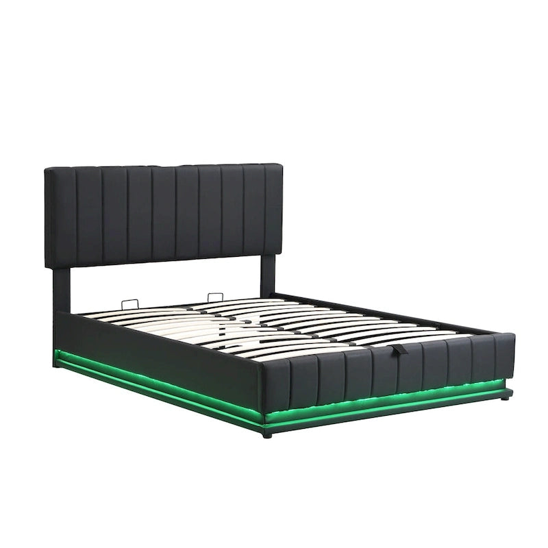 Cadre de lit plateforme relevable avec rangement, lit bas rembourré en cuir PU avec lumières LED télécommandées, prises et ports USB