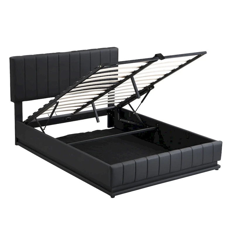 Cadre de lit plateforme relevable avec rangement, lit bas rembourré en cuir PU avec lumières LED télécommandées, prises et ports USB