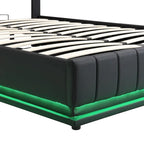 Cadre de lit plateforme relevable avec rangement, lit bas rembourré en cuir PU avec lumières LED télécommandées, prises et ports USB