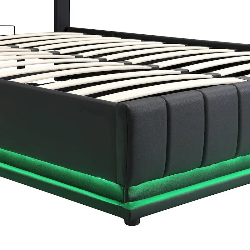 Cadre de lit plateforme relevable avec rangement, lit bas rembourré en cuir PU avec lumières LED télécommandées, prises et ports USB