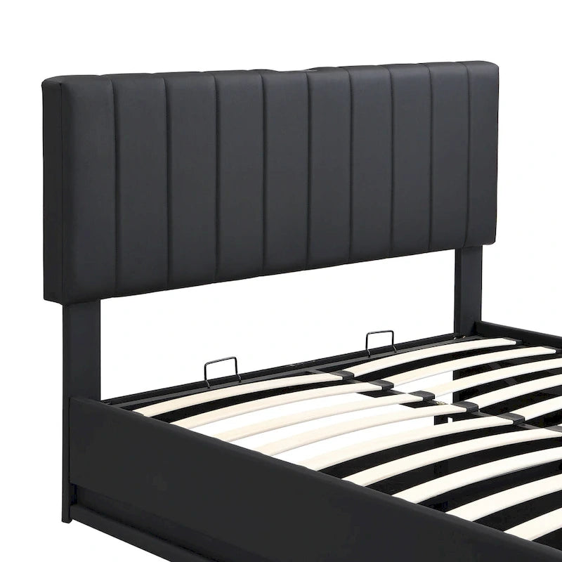 Cadre de lit plateforme relevable avec rangement, lit bas rembourré en cuir PU avec lumières LED télécommandées, prises et ports USB
