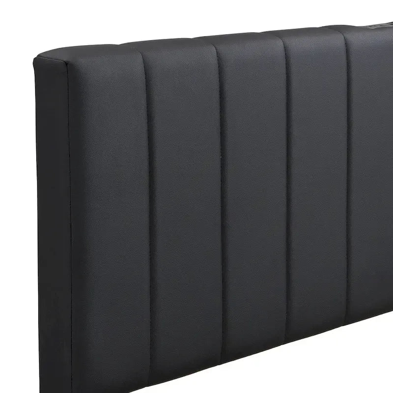 Cadre de lit plateforme relevable avec rangement, lit bas rembourré en cuir PU avec lumières LED télécommandées, prises et ports USB