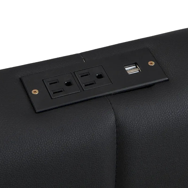 Cadre de lit plateforme relevable avec rangement, lit bas rembourré en cuir PU avec lumières LED télécommandées, prises et ports USB