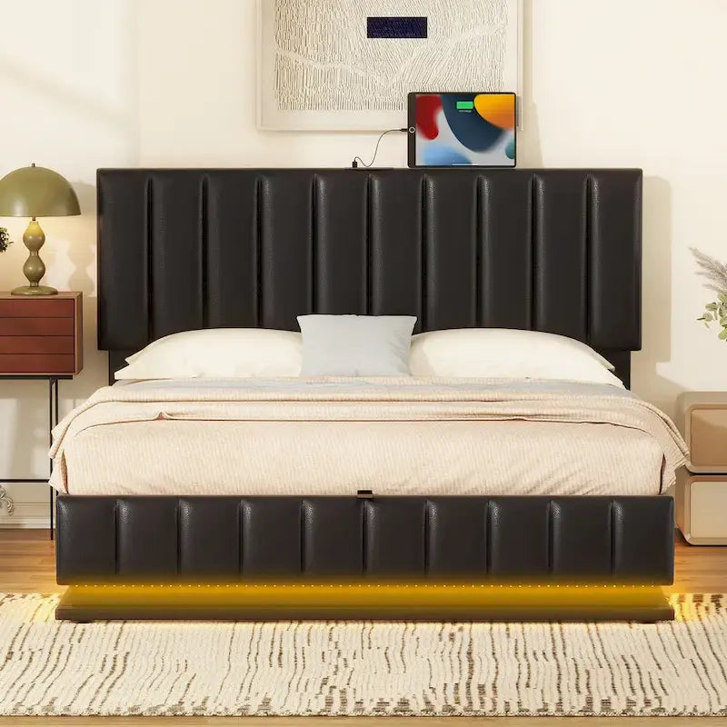 Cadre de lit plateforme relevable avec rangement, lit bas rembourré en cuir PU avec lumières LED télécommandées, prises et ports USB