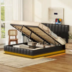 Cadre de lit plateforme relevable avec rangement, lit bas rembourré en cuir PU avec lumières LED télécommandées, prises et ports USB