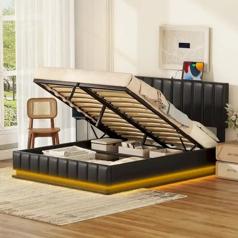 Cadre de lit plateforme relevable avec rangement, lit bas rembourré en cuir PU avec lumières LED télécommandées, prises et ports USB