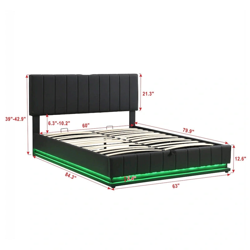 Cadre de lit plateforme relevable avec rangement, lit bas rembourré en cuir PU avec lumières LED télécommandées, prises et ports USB